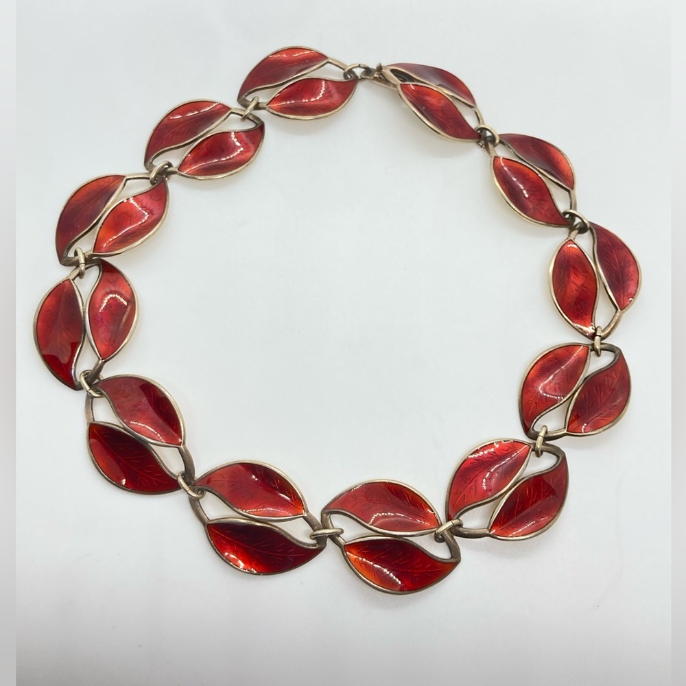 Vtg David Anderson 925 Sterling Gold Gilt Red Enamel Double Leaf Necklace | 15”L